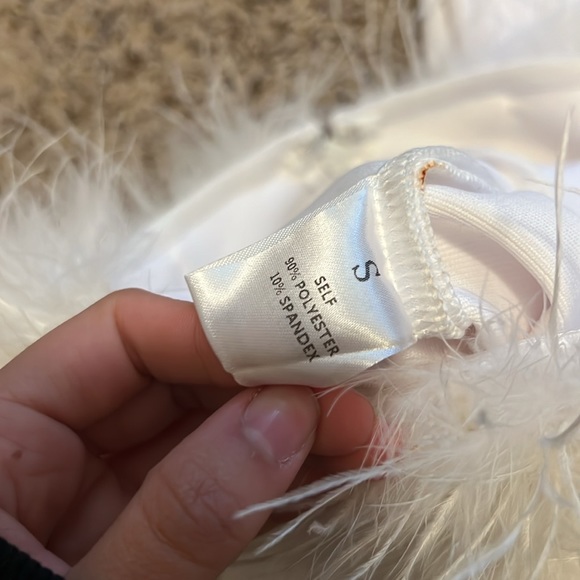 UNIQUE FEATHER TRIM STRAPLESS WIDE LEG JUMPSUIT - WHITE - Picture 10 of 11